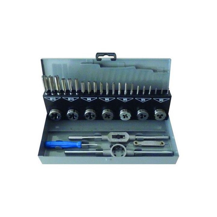 Coffret de tarauds et filières HSS M3 à M12, 32 pièces