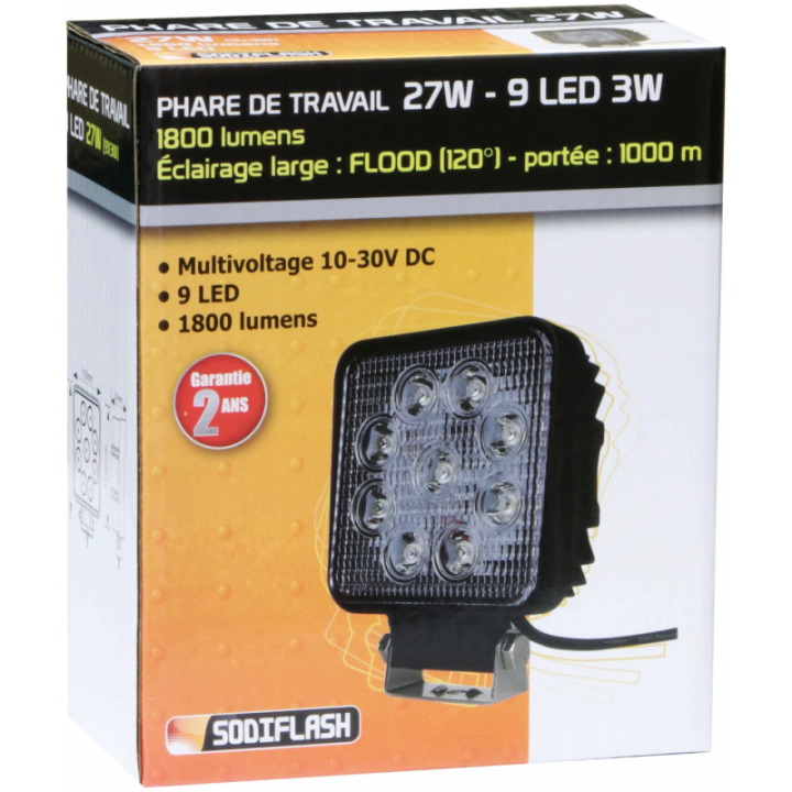 phare de travail carré LED 27W
