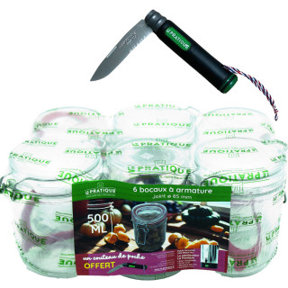 Pack de 6 bocaux à armature 500 ml + couteau trekking offert