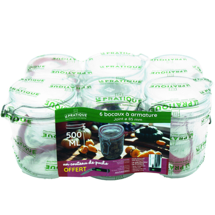 Pack de 6 bocaux à armature 500 ml + couteau trekking offert